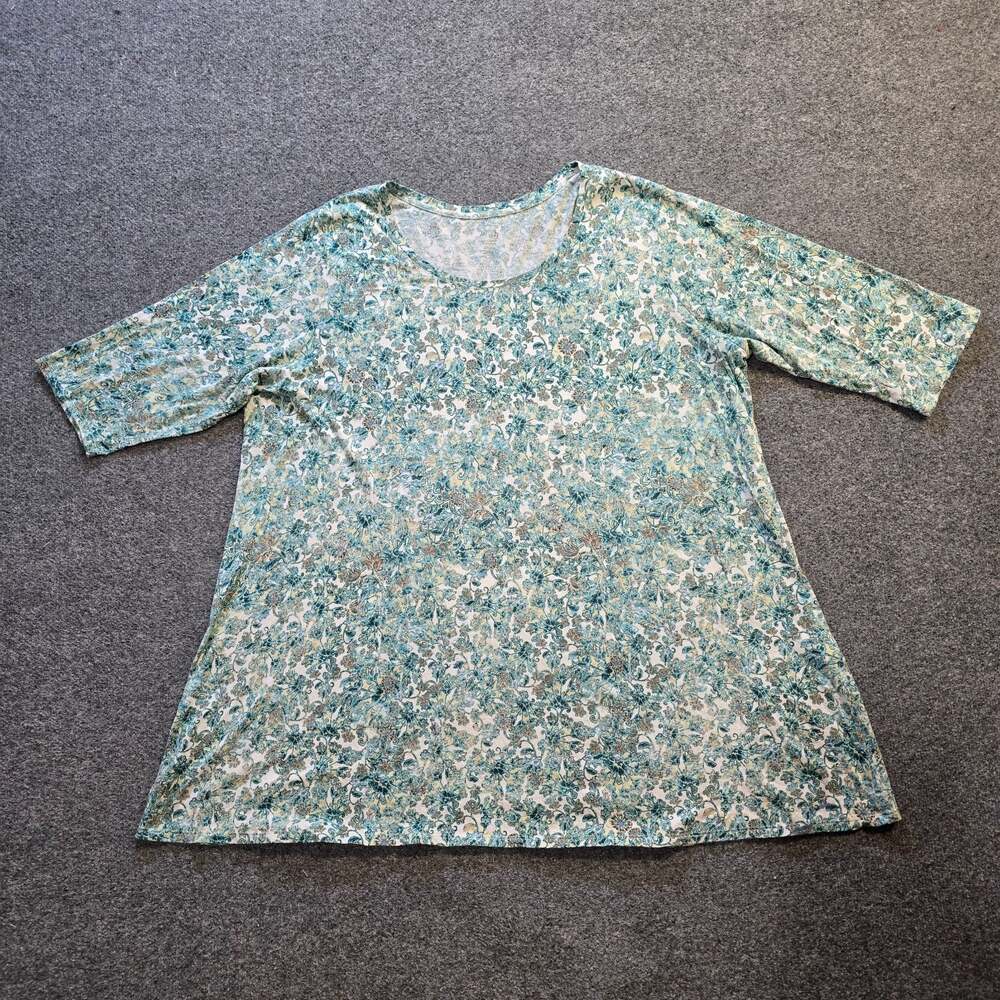 J Jill Top Womens 3X Green Floral Ballet Sleeve Tunic Stretch 3/4 Sleeve Casual